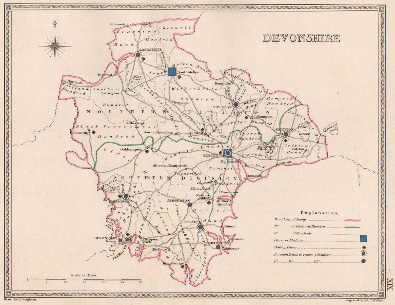 DEVONSHIRE antique county map by CREIGHTON/WALKER. Electoral 1835 old